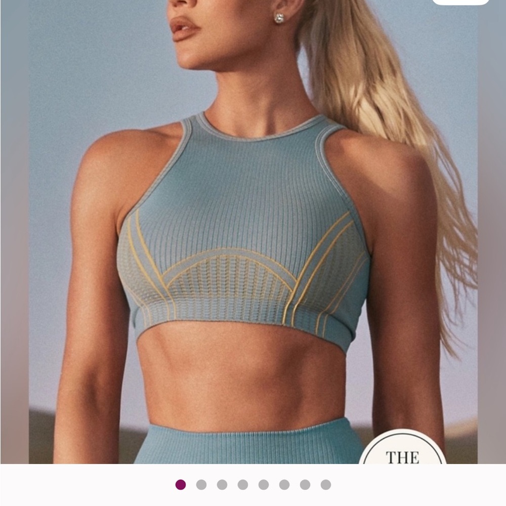 Fabletics Blue Ribbed High-Neck Sports Bra with Yellow Stitching